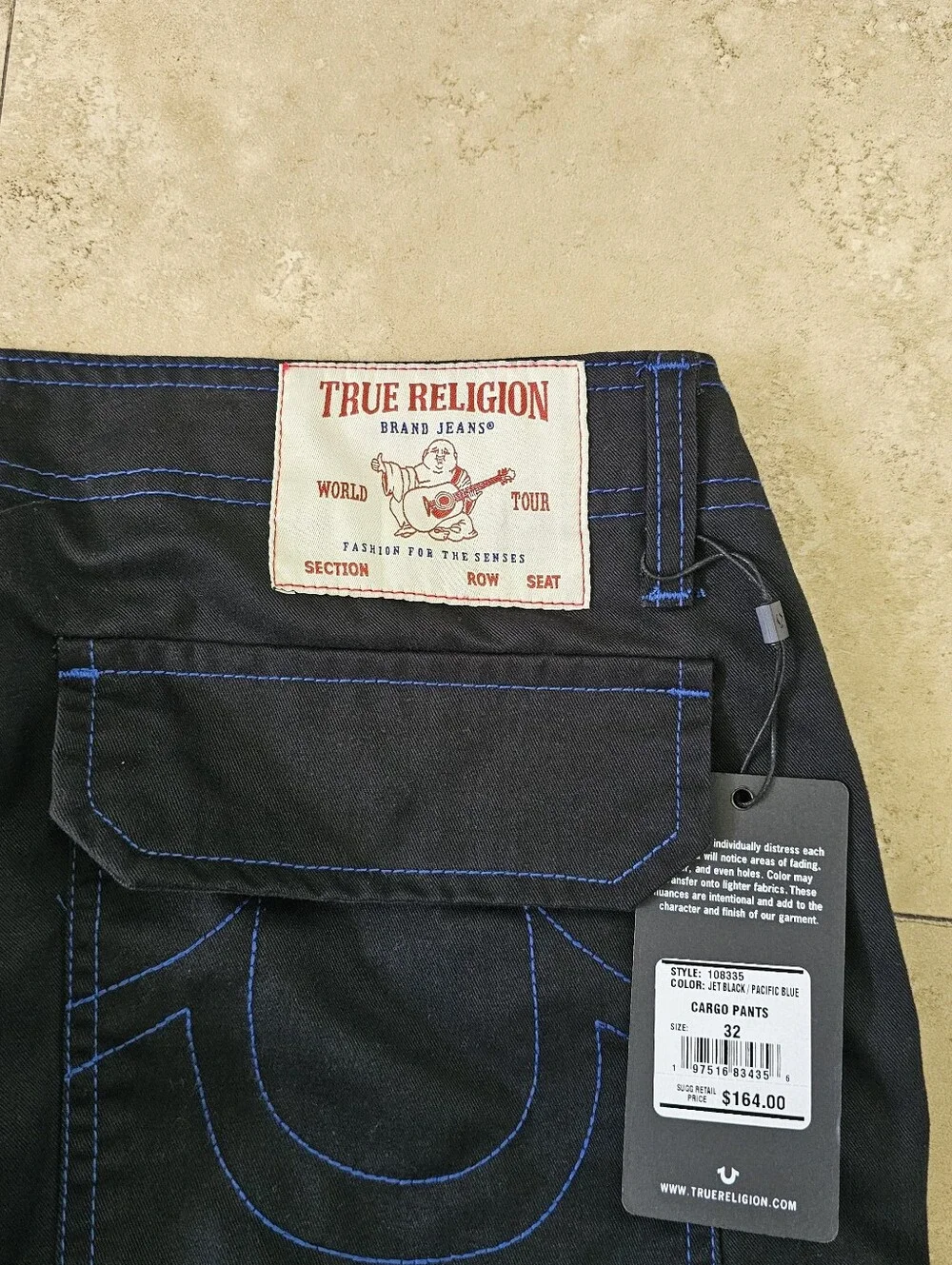 True Religion Brand Jeans Men's Baggy Cargo Pant Size 32x32 Jet Black Blue $164